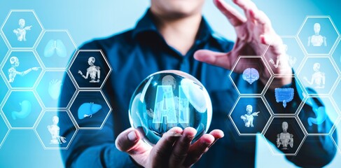 A man is holding a glass ball with the letters AI on it. The image is a representation of the future of technology and the role AI, Concept of AI medical tech trends