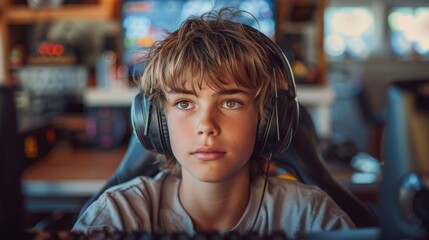 Young Boy With Headphones at Computer