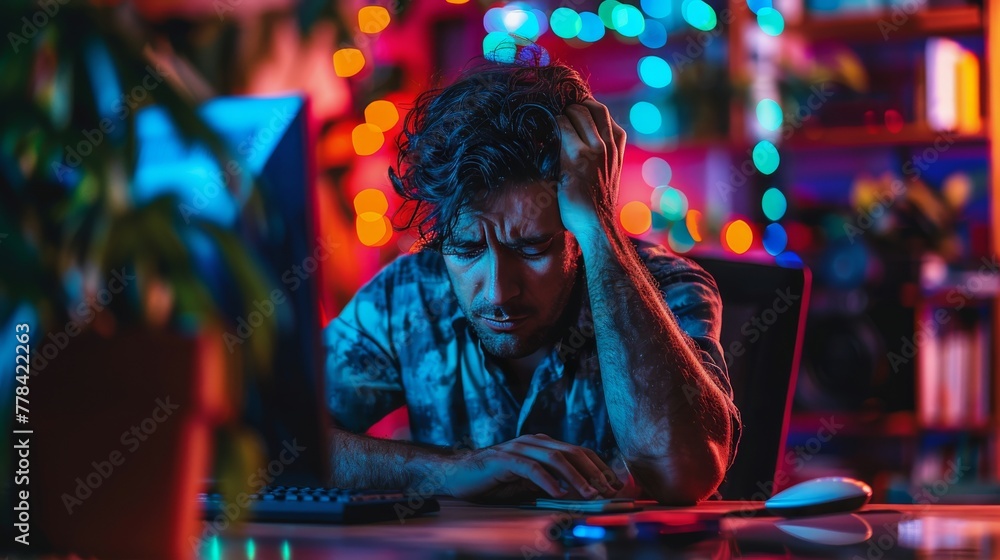 Poster man with glasses looking at computer screen