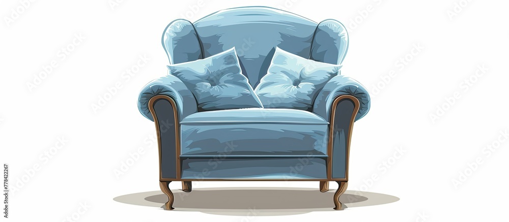 Sticker a comfortable blue club chair with armrests and two purple pillows on a hardwood flooring, set again