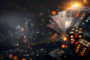 Dice and poker chip, poker cards floating, gambling and casino concept.	
