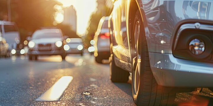 The sun sets on a bustling city street with a close view of a parked car that has been side-swiped.