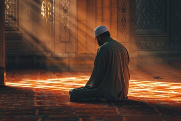 A man wearing casual attire sits on the ground, positioned in front of a doorway, A Muslim man performing the Tarawih prayer, AI Generated - Powered by Adobe