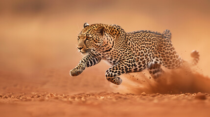 Majestic leopard displaying its speed and agility in a full sprint during a hunt
