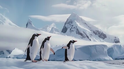 A trio of penguins waddling across the frozen expanse at the foot of an ice mountain, their sleek bodies perfectly adapted to the harsh conditions of the Antarctic wilderness. - Powered by Adobe