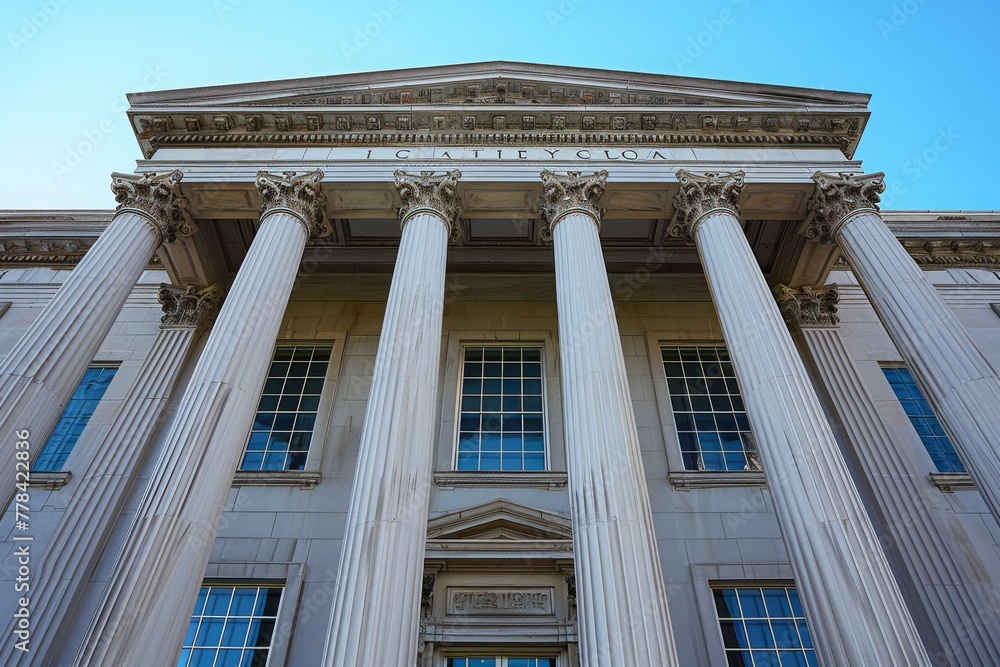 Poster a photograph showcasing the frontal view of a building adorned with columns and a multitude of windo