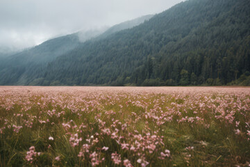 A vibrant carpet of pink wildflowers stretches across a green meadow with snow-capped mountains in the distance