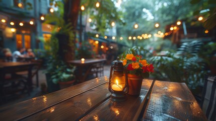Fototapeta na wymiar Table With Lantern and Flowers