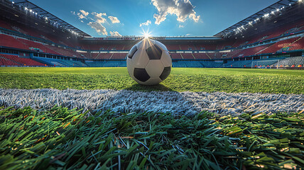 Midday shadows fall across a soccer stadium with the ball on the midfield line