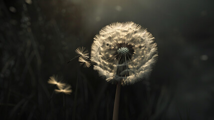 Peaceful image of dandelion seeds drifting through the air against a dark background