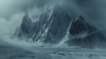 The eerie silence of a snow-covered plateau nestled beneath the towering cliffs of an ice mountain, the only sound the soft whisper of the wind as it dances through the frozen landscape.