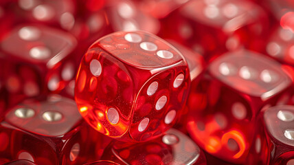 Close view of numerous red gambling dice with white pips