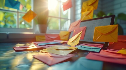 Brightly colored envelopes scattered around a digital tablet
