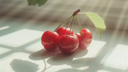 Sunlit cherries casting soft shadows on a clean backdrop