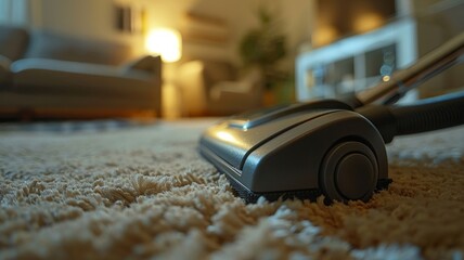 Vacuum cleaner working on a soft beige carpet in a living room