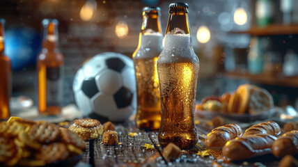 Chilled beers beside a soccer ball and snacks ready for the big game evening