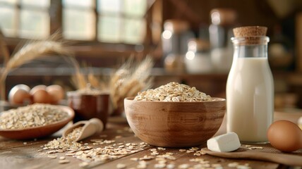 Healthy breakfast scene with oats and dairy in warm tones