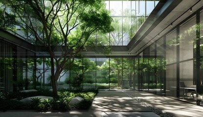a building with a tree and a glass wall