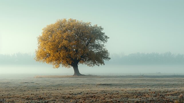   A field shrouded in mist with one solitary tree in the foreground and a single yellow tree amidst it