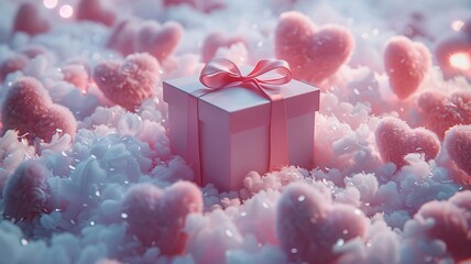 Gift box surrounded by a cloud of hearts, creating a serene and loving atmosphere