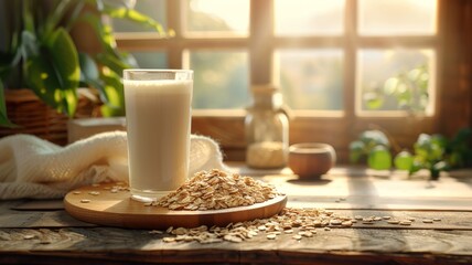 Rustic table setting of oats and milk in soft morning light