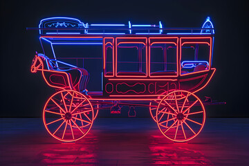 Mysterious stagecoach neon illustration isolated on black background.