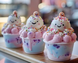 Obraz na płótnie Canvas Pastel Colored Frozen Yogurt Bowls with Mochi and Sprinkles Offering a Sweet Invitation