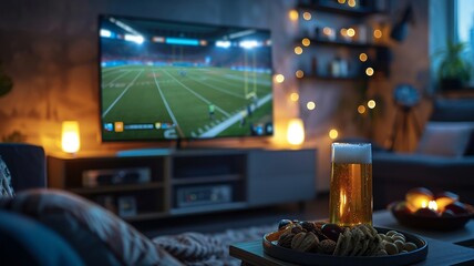 Football game on TV with a chilled beer and casual snacks in a homely setting