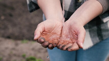 agriculture, Farmer washes hands clean water, clean transparent water, cleanse skin, hand cool water, flows drop wet freshness, adult man, splashes fly different, directions ecological lifestyle, Farm