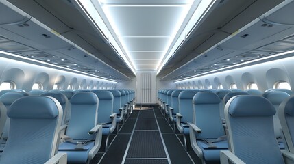 Empty airplane interior with rows of blue seats. Commercial jet cabin with LED lighting. Modern air travel, no passengers. Spacious and clean aircraft aisle. AI