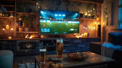 Football game on TV with a chilled beer and casual snacks in a homely setting