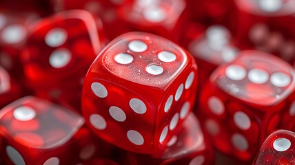 Pile of red dice with white dots close-up view