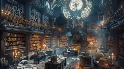 Mystical Librarian Cataloging Lost Time in Ancient Library. - obrazy, fototapety, plakaty