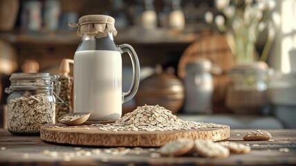 Jar of oats with milk jug on a wooden board in daylight