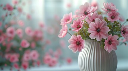   A white vase filled with pink flowers sits on a window sill beside sheer curtains