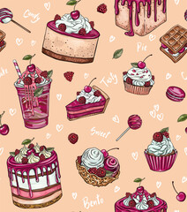 Seamless vector pattern with cute shaped bento cake desserts with cherries and raspberries. Romantic dessert background. Valentine day and anniversary. Love texture for wrapping paper, wallpaper, text