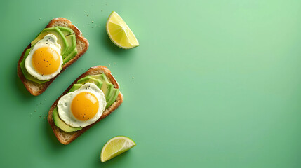 Avocado slices and sunny side up eggs on artisan toast, presented on a vivid green background perfect for hip brunch concepts - obrazy, fototapety, plakaty