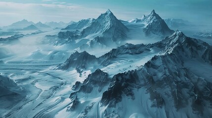 The rugged beauty of an ice mountain range captured from a bird's eye view, its peaks and valleys stretching out in a vast expanse of frozen wilderness as far as the eye can see. - obrazy, fototapety, plakaty