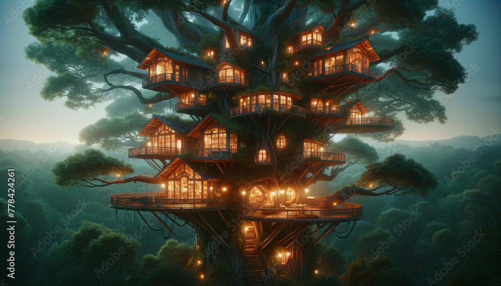 Poster envision an enchanting treehouse at dusk, nestled within the branches of an ancient tree. the treeho