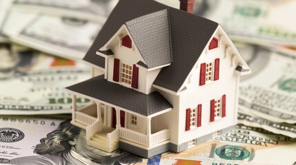House model on the background of dollar bills, concept of real estate