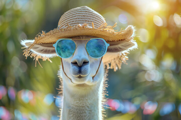 Obraz premium Accessorized llama wearing straw hat and sunglasses.
