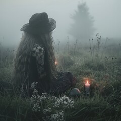 witch with a wreath sits on the ground with candles. - obrazy, fototapety, plakaty