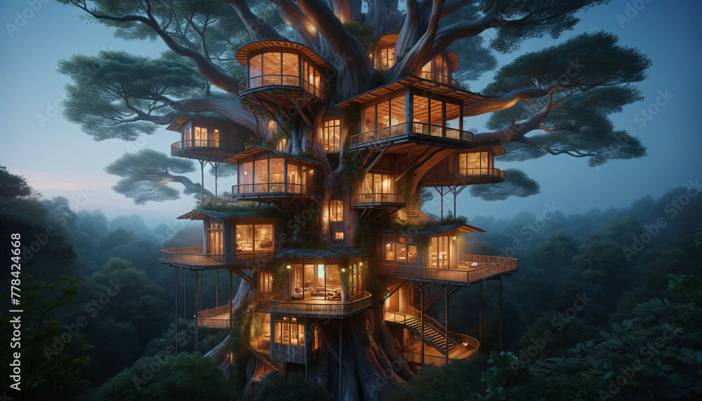 Poster envision a multi-level treehouse nestled within the branches of an ancient, expansive tree at twilig
