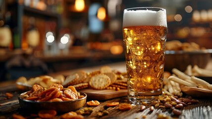 Refreshing beer glass with game snacks on a rustic wooden table during match time