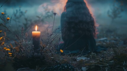 witch with a wreath sits on the ground with candles. - obrazy, fototapety, plakaty