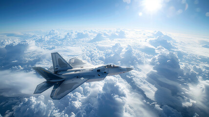 Military jet soaring in a cloud-filled bright blue sky - obrazy, fototapety, plakaty