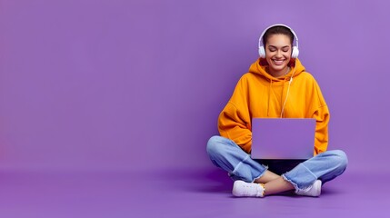 Young adult enjoying music on laptop with headphones. Casual style, vibrant colors. Perfect for modern lifestyle blogs. AI