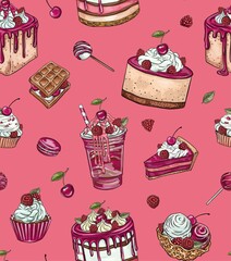 Seamless vector pattern with cute shaped bento cake desserts with cherries and raspberries. Romantic dessert background. Valentine day and anniversary. Love texture for wrapping paper, wallpaper, text