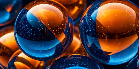 Abstract background of orange and blue spheres with reflection effect. - obrazy, fototapety, plakaty