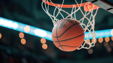 A basketball frozen in time as it swishes through the net, the court lights casting dynamic shadows, highlighting the climax of scoring in basketball
